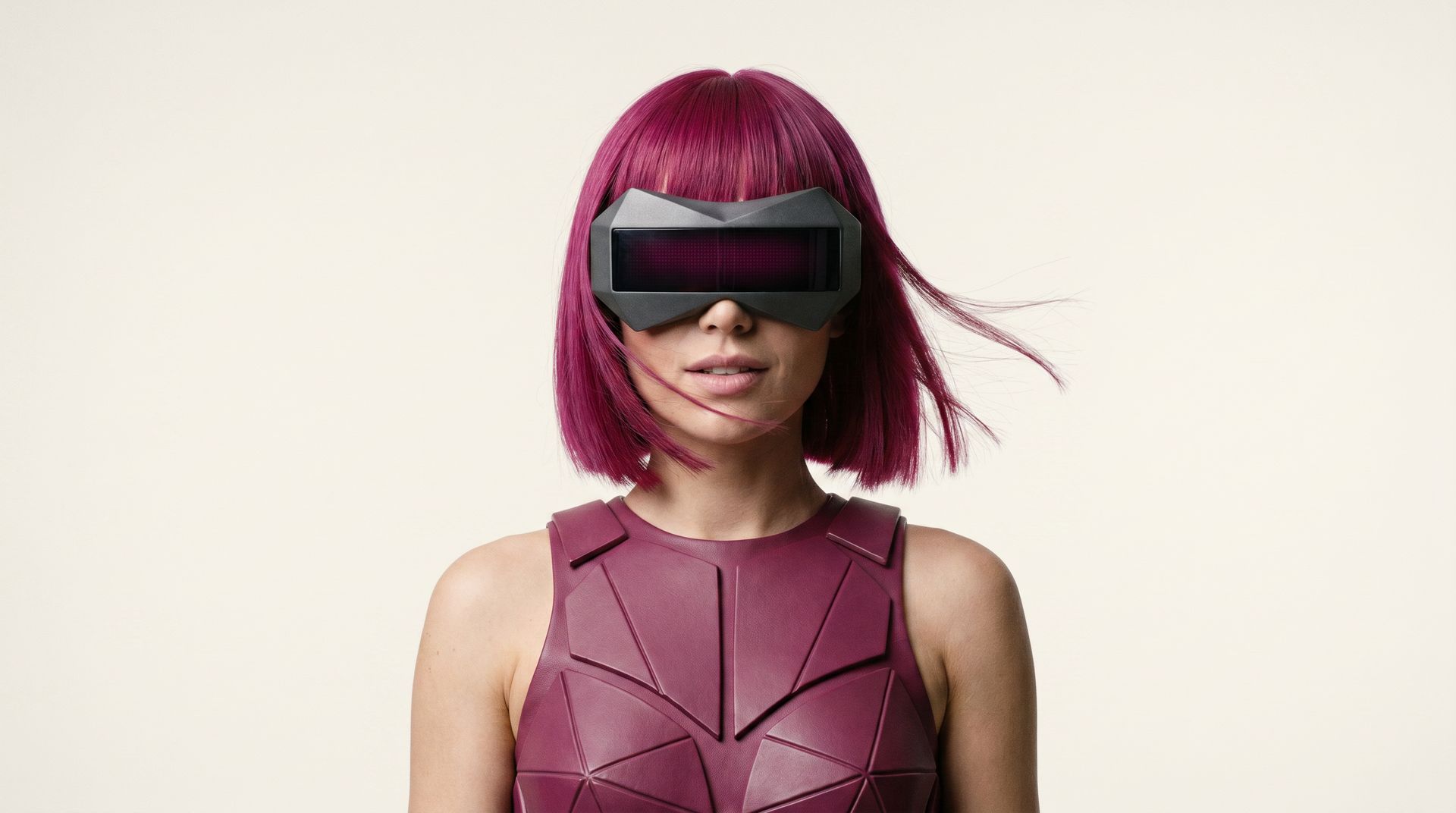 Sestinna, chest-up portrait. The visor display is live.