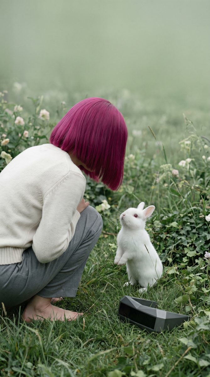 Sestinna crouching in an overgrown garden, a white rabbit standing up in front of her
