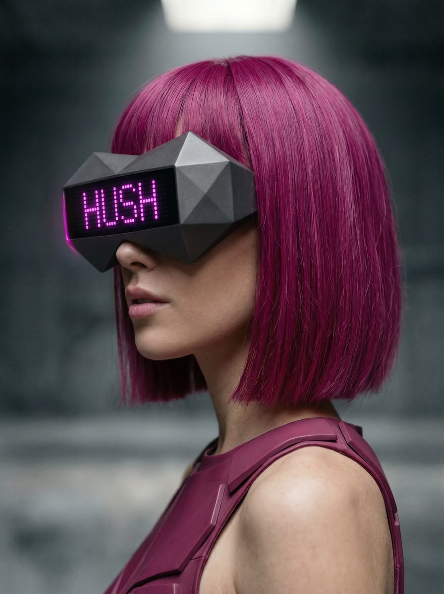 Sestinna in profile, HUSH glowing on the visor