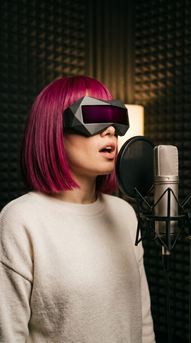 Sestinna singing at a condenser microphone in a small vocal booth